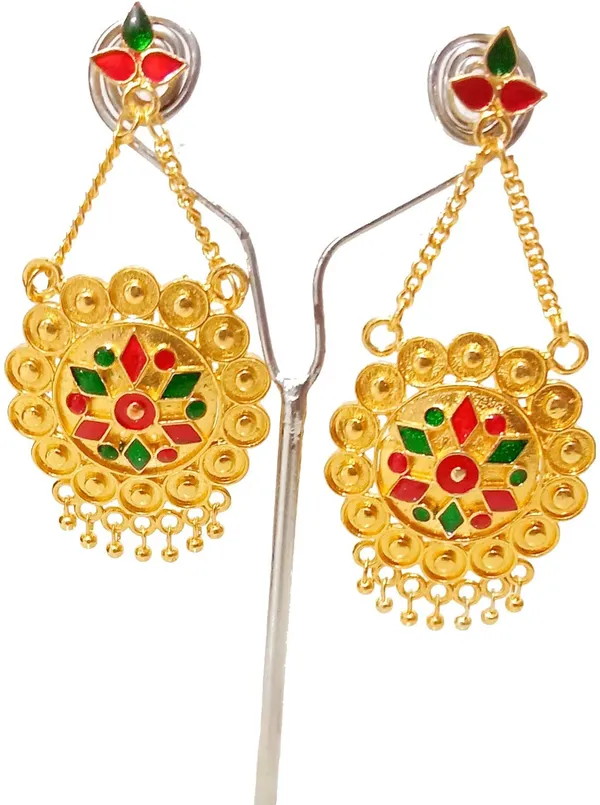 Assamese_Traditional_Copper_Gold_Plated_Red_Green_Colour_Jhumki_Earring_For_Girls_&_Women